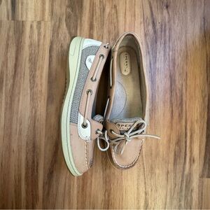 Sperry Top-Sider women’s Boat Shoes Lace Up Bow Accent Beige Tan Canvas Leather